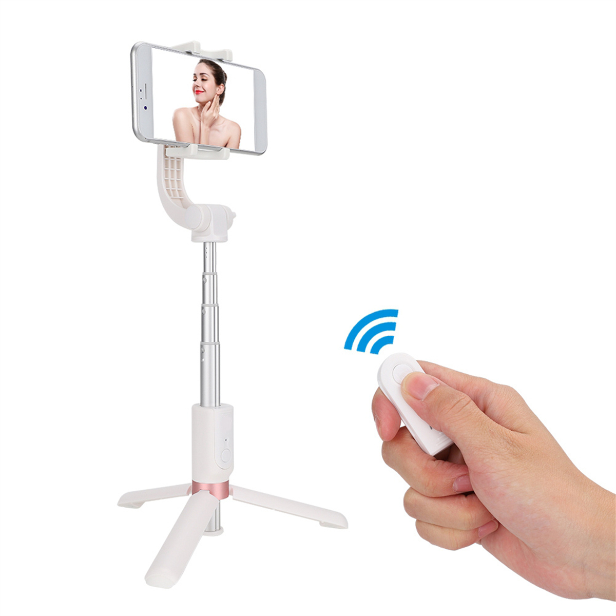 Ein Selfie-Stick mit einem Telefon, das eine Frau zeigt. Eine Fernbedienung wird von einer Hand mit WLAN-Symbol gehalten.
