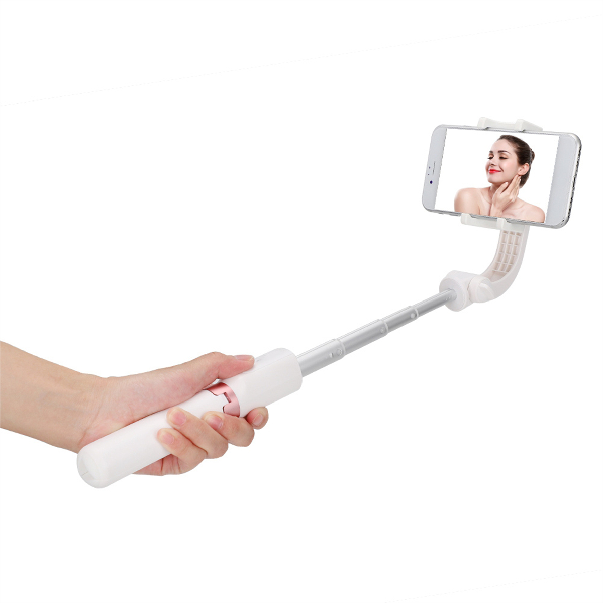 Ein Selfie-Stick, der ein Telefon hält. Das Telefon zeigt eine Frau, die ein Foto macht.