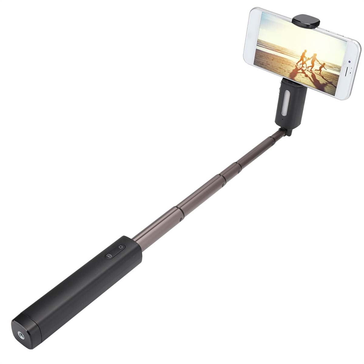 Selfie-Stick mit montiertem Telefon, das sich von einem schwarzen Griff aus erstreckt.