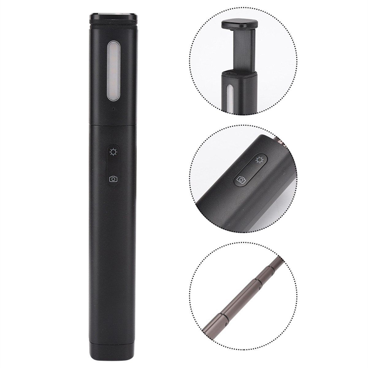 Schwarzer Selfie-Stick mit drei Nahaufnahmen der Funktionen des Sticks.