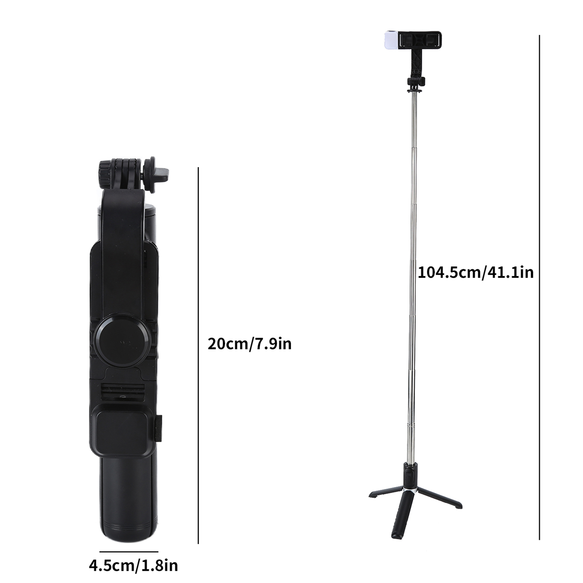 Selfie-Stick, schwarz mit Abmessungen. Stick ausgefahren und zusammengeklappt. Weißer Hintergrund.