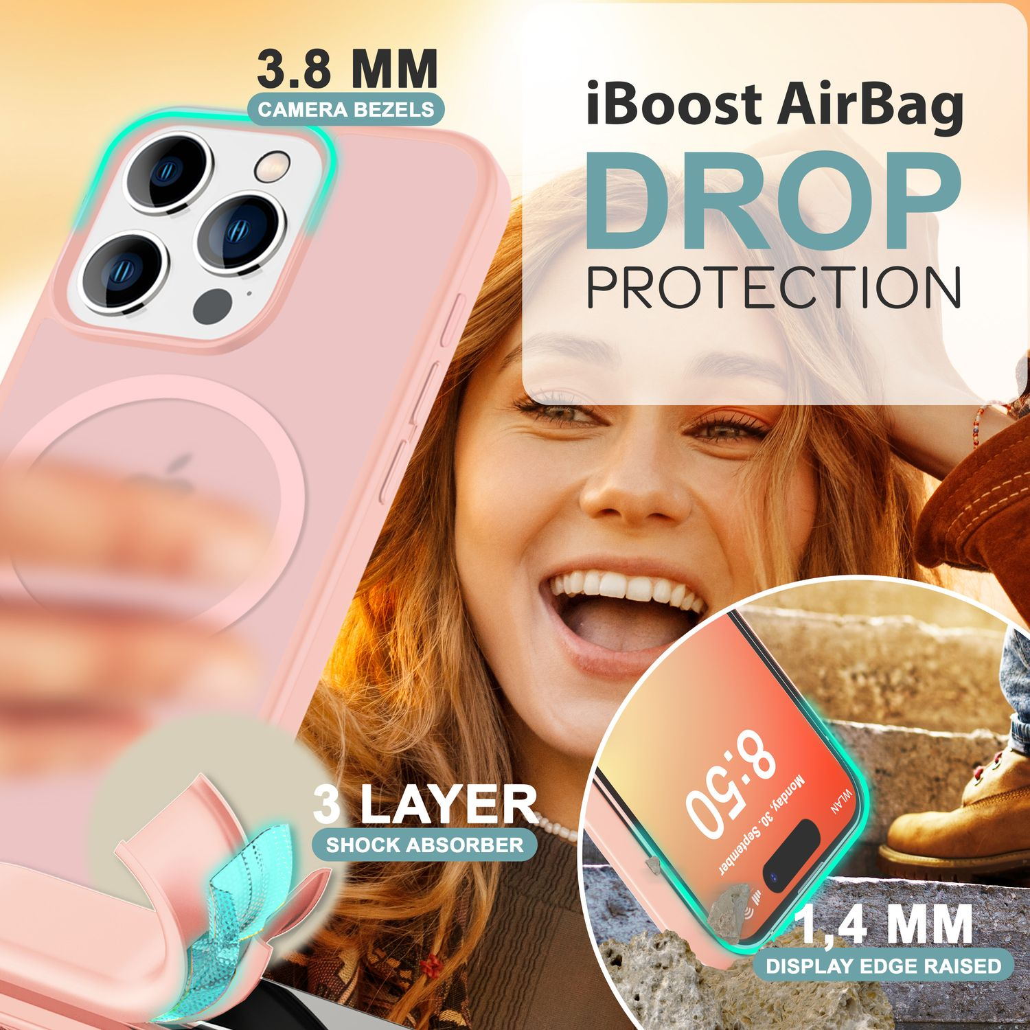 Custodia per telefono rosa con orario. La custodia ha un anello magnetico e protezione dalle cadute.