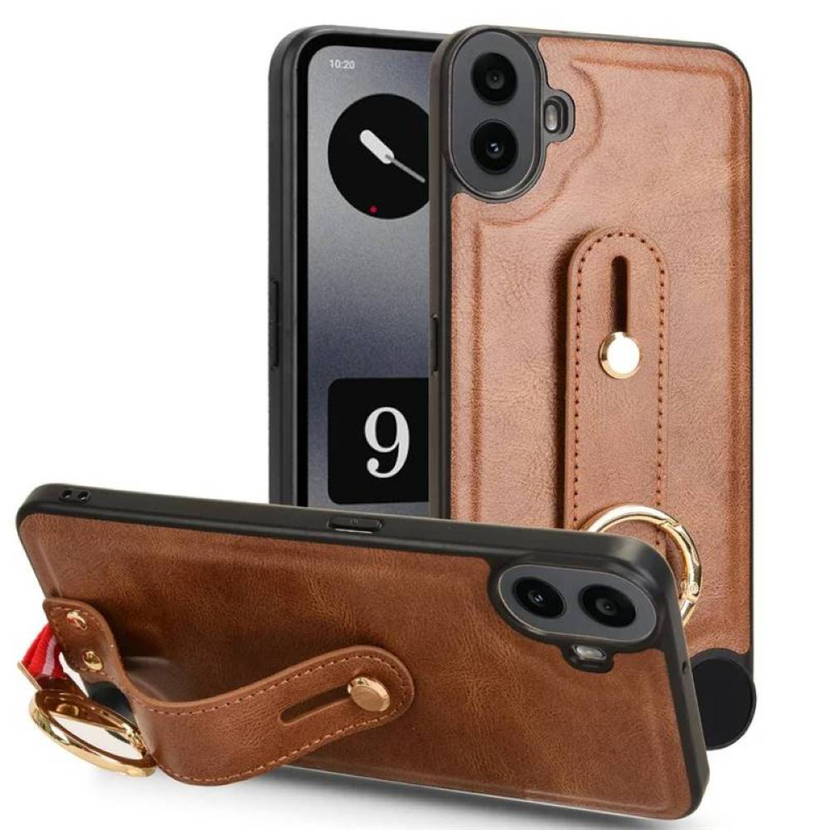 Drei Handyhüllen, eine mit braunem Lederdesign, ein Ringhalter und ein Handy.