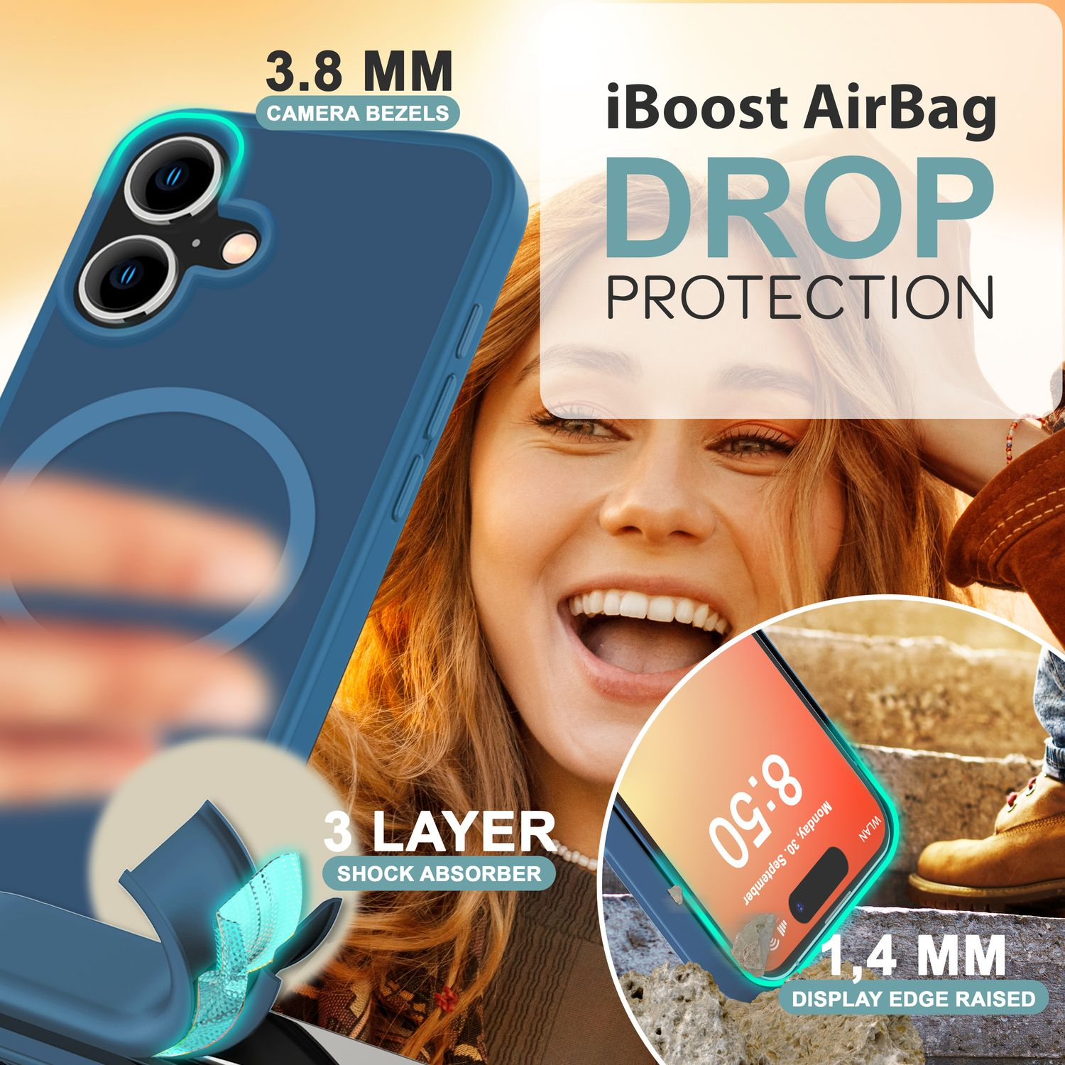 Handyhülle mit lächelnder Frau. Text: iBoost Drop Protection, 3-Schicht-Stoßdämpfer, 3,8 mm Kameraränder.