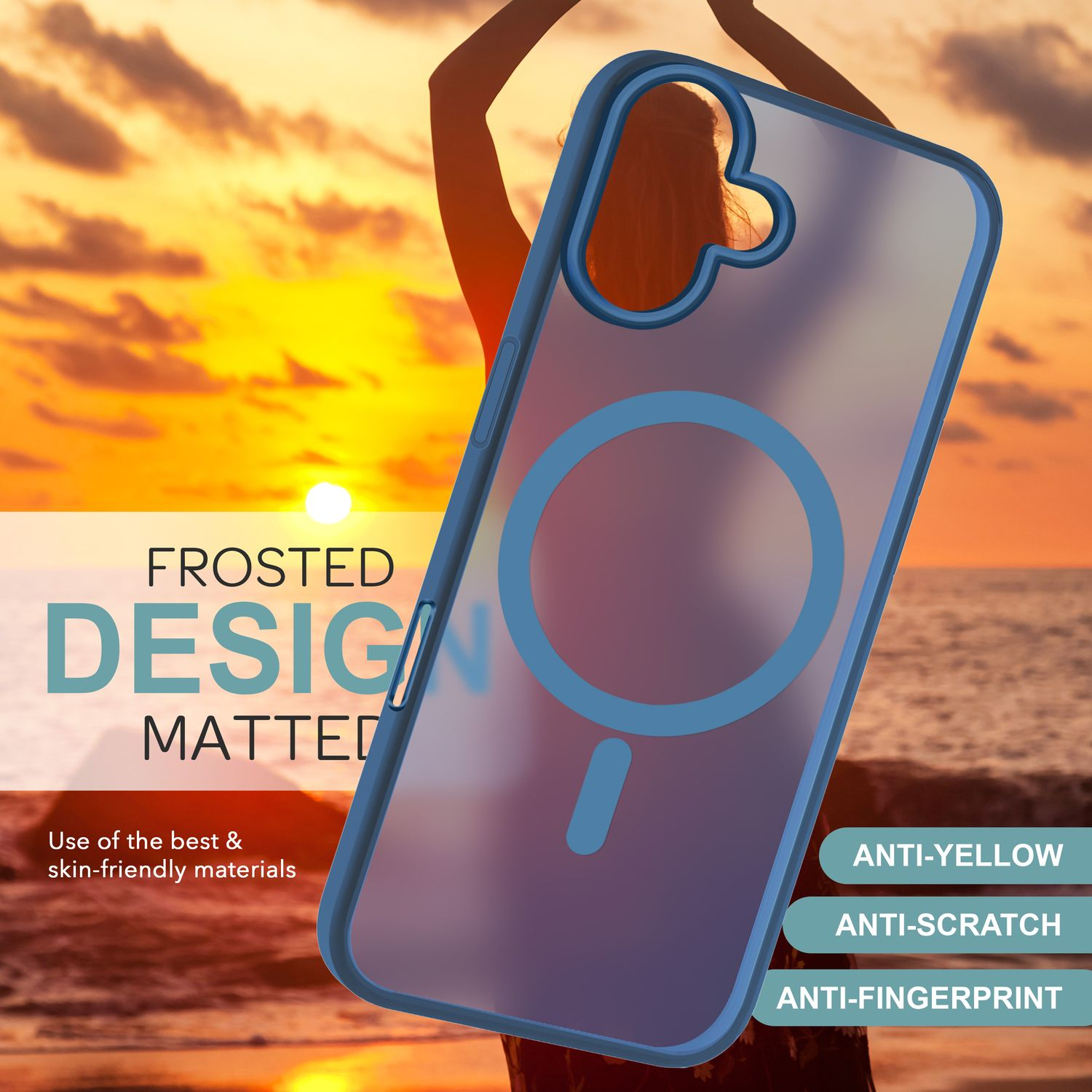 Eine Handyhülle mit blauem Rahmen und klarer Rückseite, mit den Texten 'FROSTED DESIGN' und 'ANTI-YELLOW'.