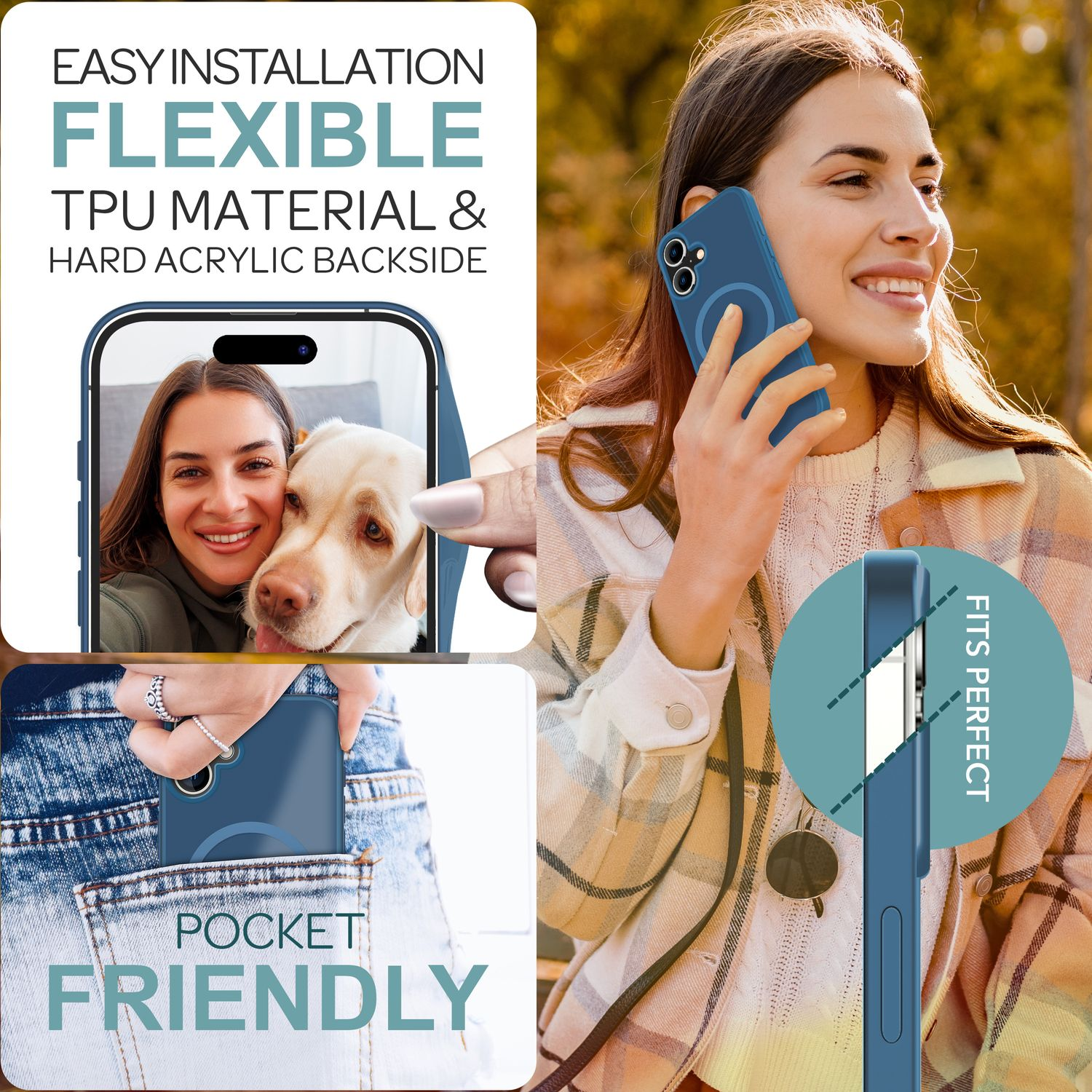 Bildcollage: eine Handyhülle auf einem Handy, in einer Tasche und eine Frau mit einem Handy.