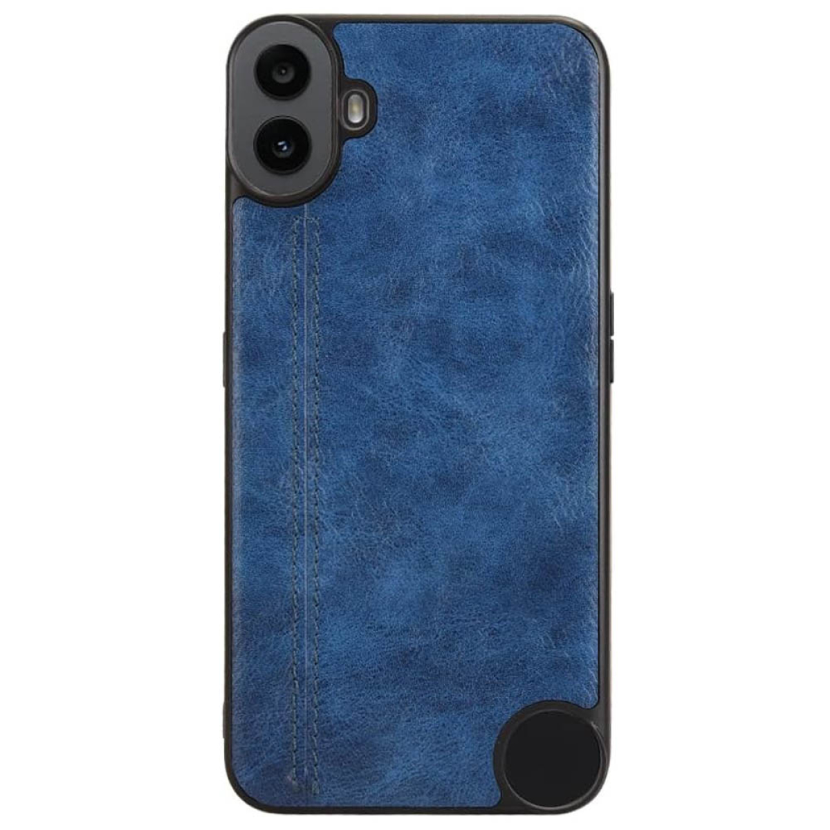 Eine blaue Leder-Handyhülle mit schwarzem Kamerabuckel und Ring. Die Rückseite hat ein genähtes Design.