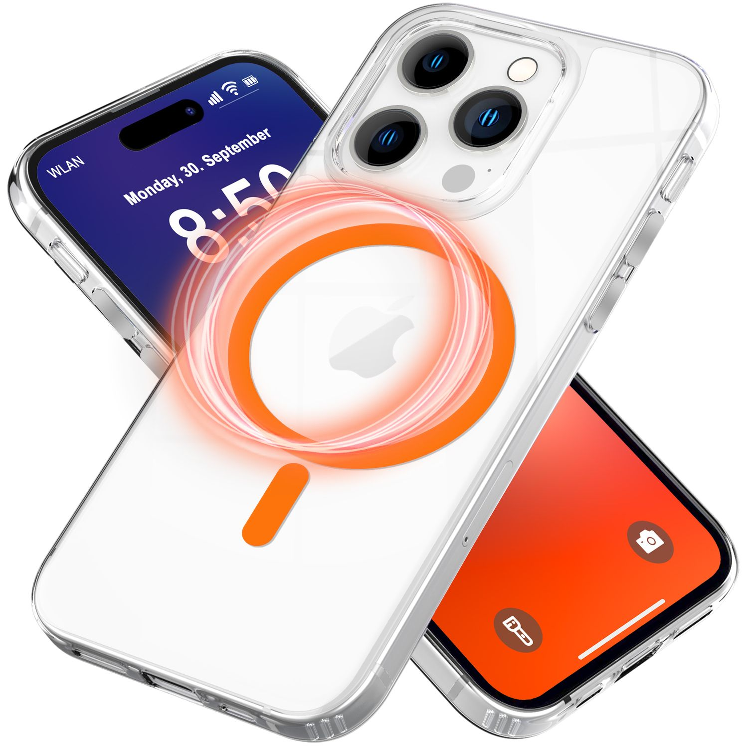 Ein Telefon mit einer transparenten Hülle, die einen orangefarbenen, kreisförmigen Ladering zeigt. Ein weiteres Telefon ist sichtbar.