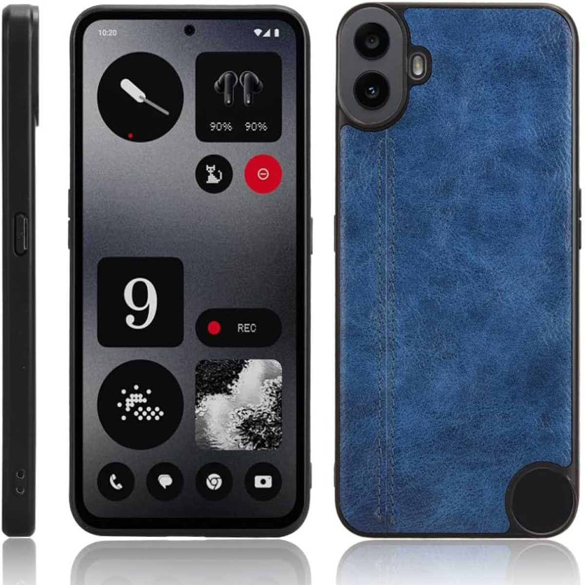 Schwarzes Telefon mit blauer Hülle. Der Telefonbildschirm zeigt Symbole. Die Rückseite des Telefons hat eine Kamera.
