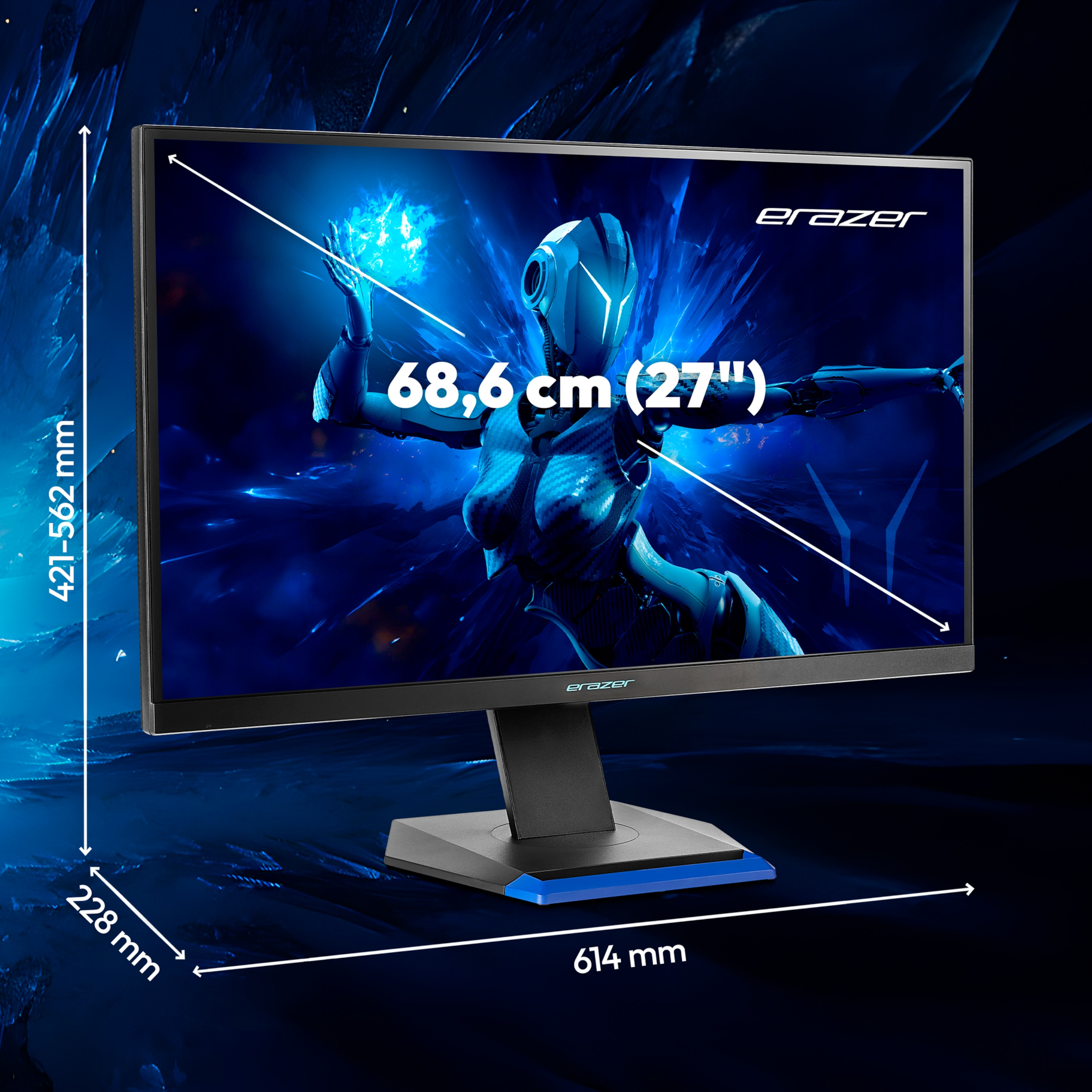 Ein Gaming-Monitor zeigt eine futuristische Frau. Abmessungen sind angegeben. Die Marke ist Erazer.