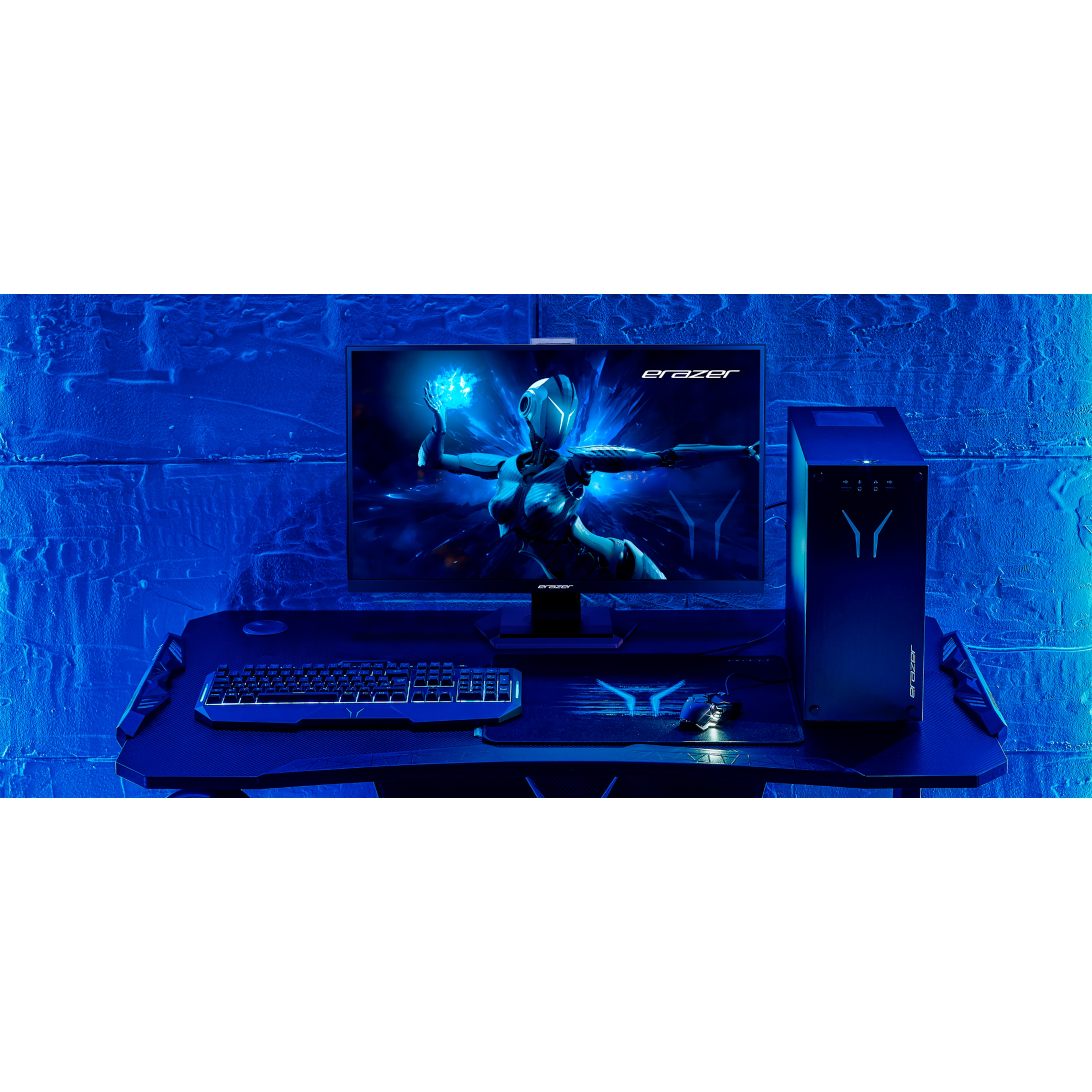 Ein Gaming-Setup: Monitor, PC, Tastatur, Maus auf einem blau beleuchteten Schreibtisch.