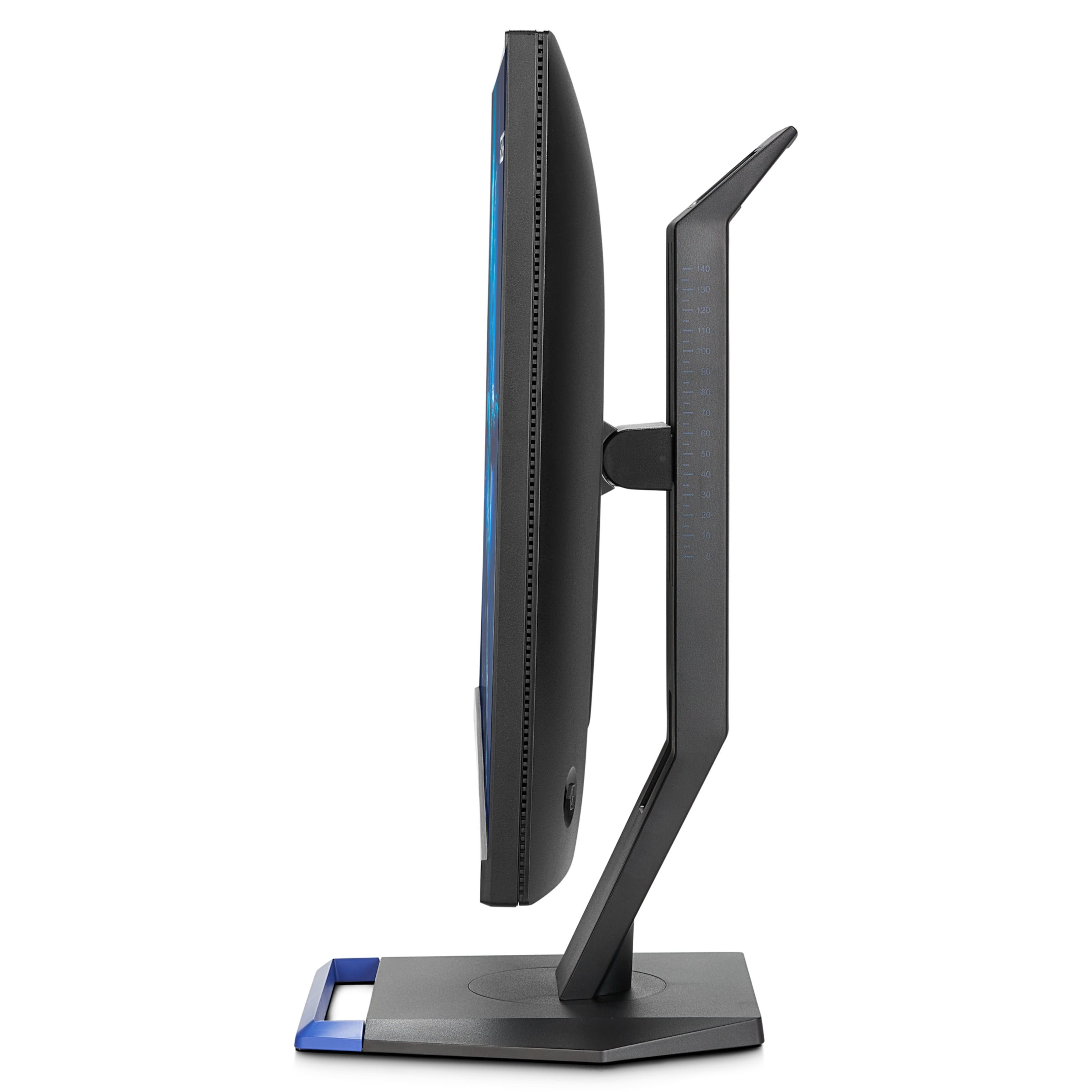 Seitenansicht eines schwarzen Computermonitors mit blauem Sockel und Ständer, weißer Hintergrund.