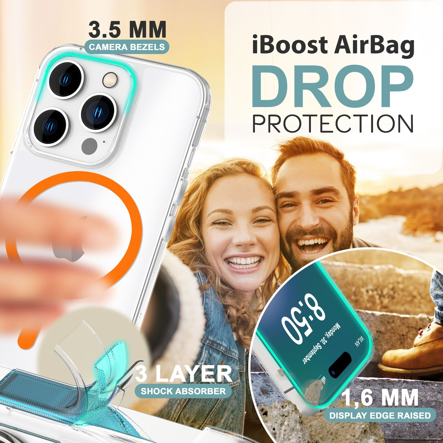Ein Telefon mit einer durchsichtigen Hülle, das ein Paar zeigt und Text, der iBoost AirBag Drop Protection sagt.
