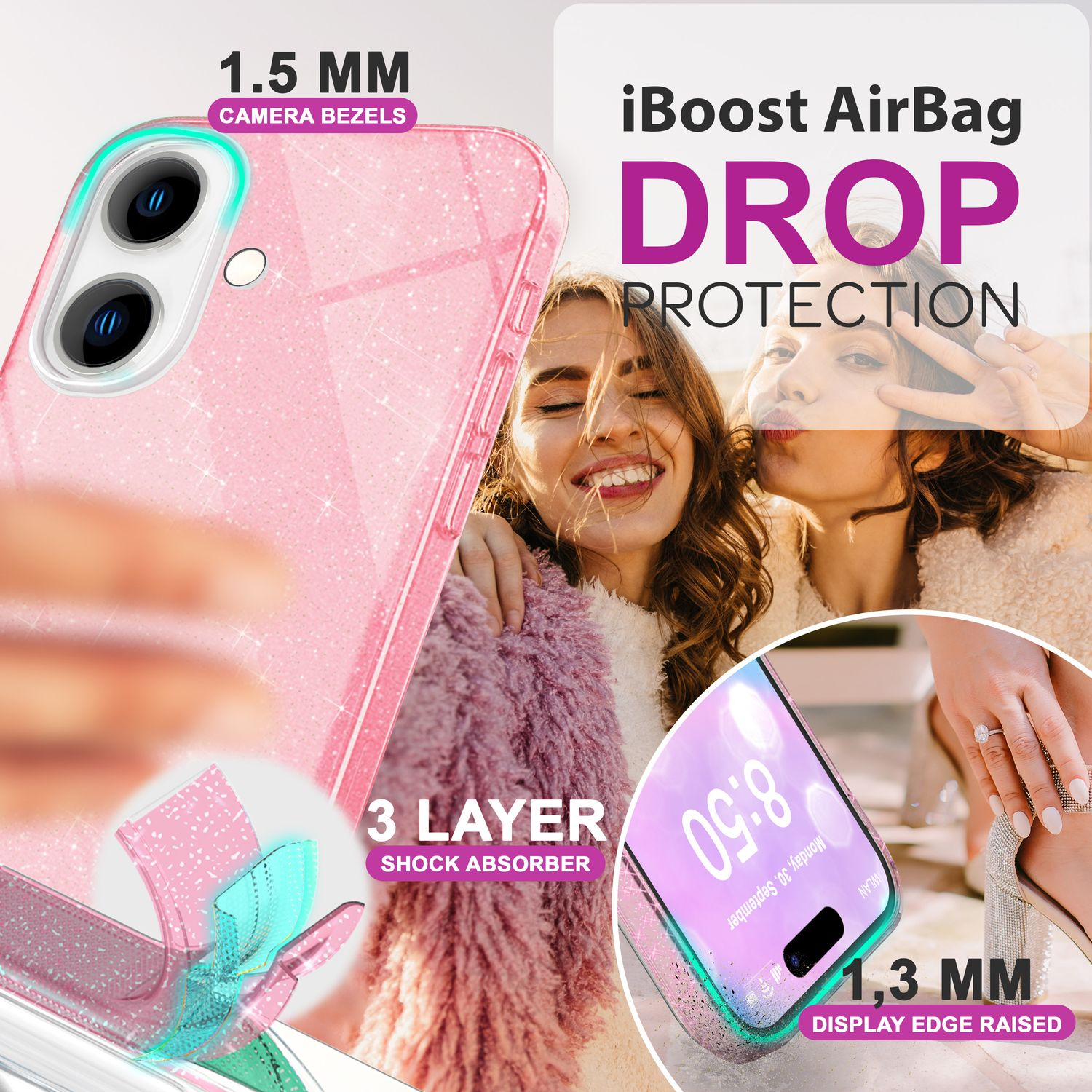Eine rosa Handyhülle mit einem Telefon darin. Die Hülle hat Glitzer und iBoost AirBag DROP PROTECTION.