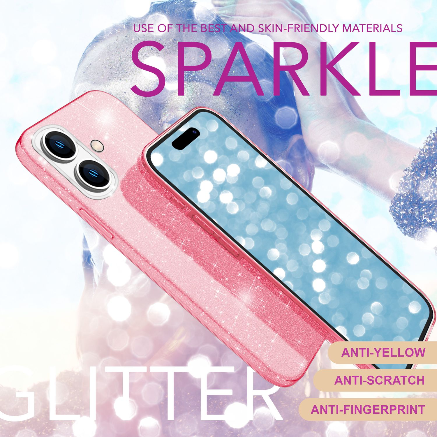 Pinkfarbene Handyhülle mit Glitzereffekt und klarer Displayschutzfolie. Text: Anti-Gelb, Kratzer, Fingerabdruck.