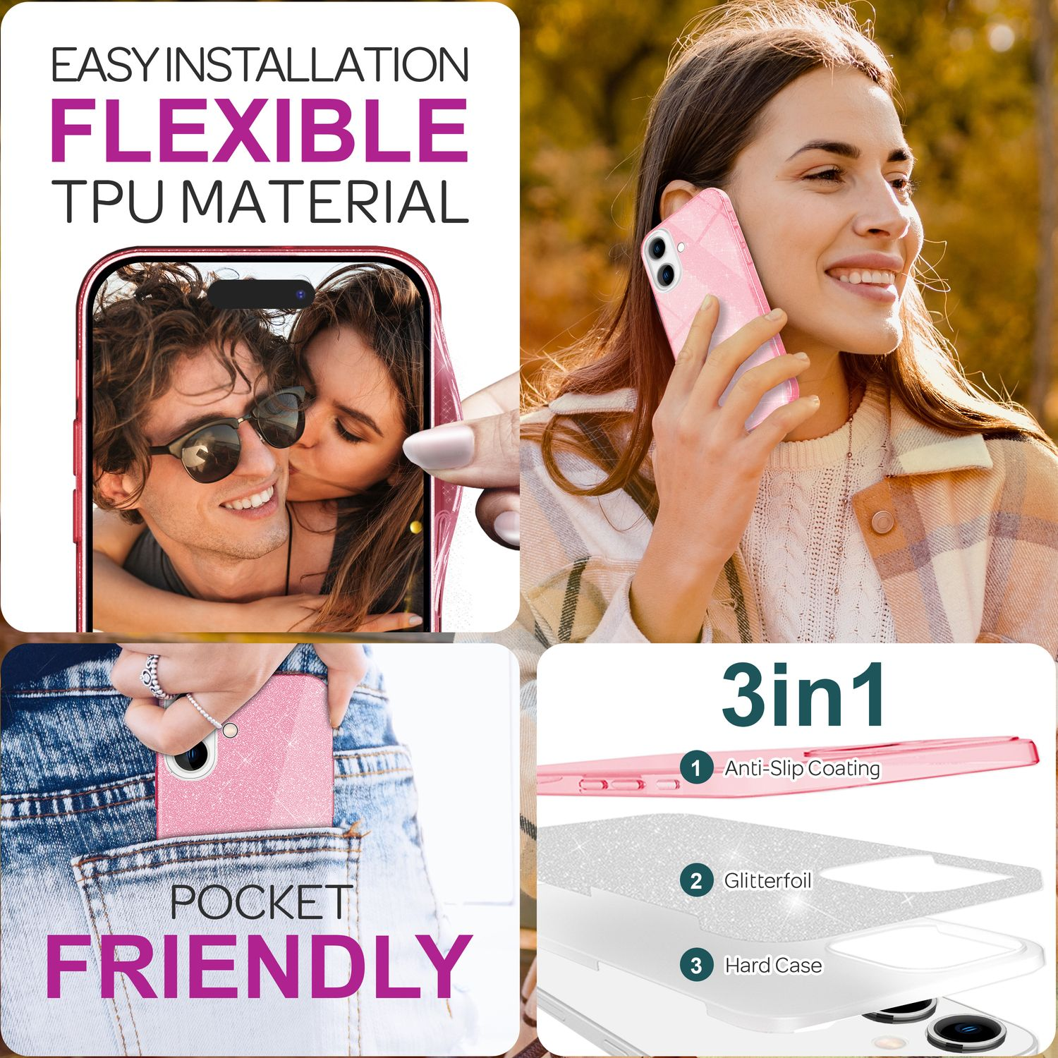 Handyhülle mit einem Bild eines Paares und einer Frau, die ein pinkes Glitzer-Telefon hält.