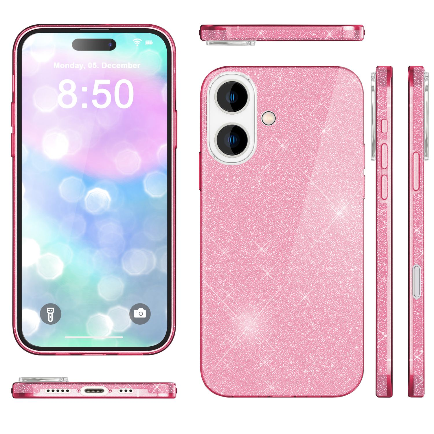 Rosa Glitzer-iPhone-Hülle, mehrere Ansichten. Zeigt den Telefonbildschirm mit der Uhrzeit 8:50.