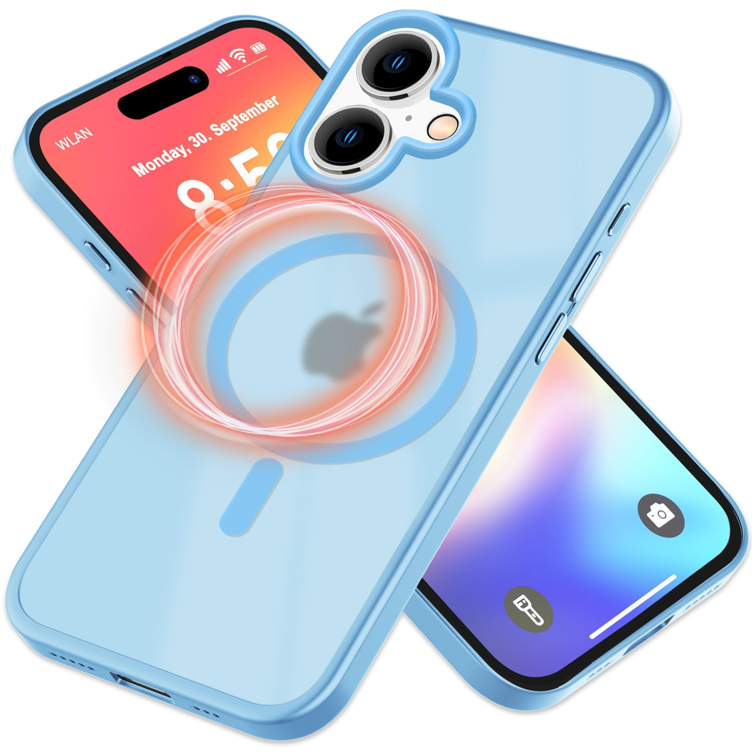 Zwei Telefone, eine durchsichtige blaue Hülle und ein Bildschirm mit Datum und Uhrzeit.