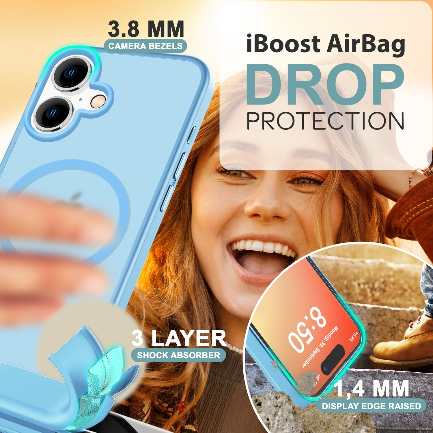 Blaue Handyhülle mit Frau und Text: 3,8 mm Kameraränder, iBoost AirBag Drop Protection.