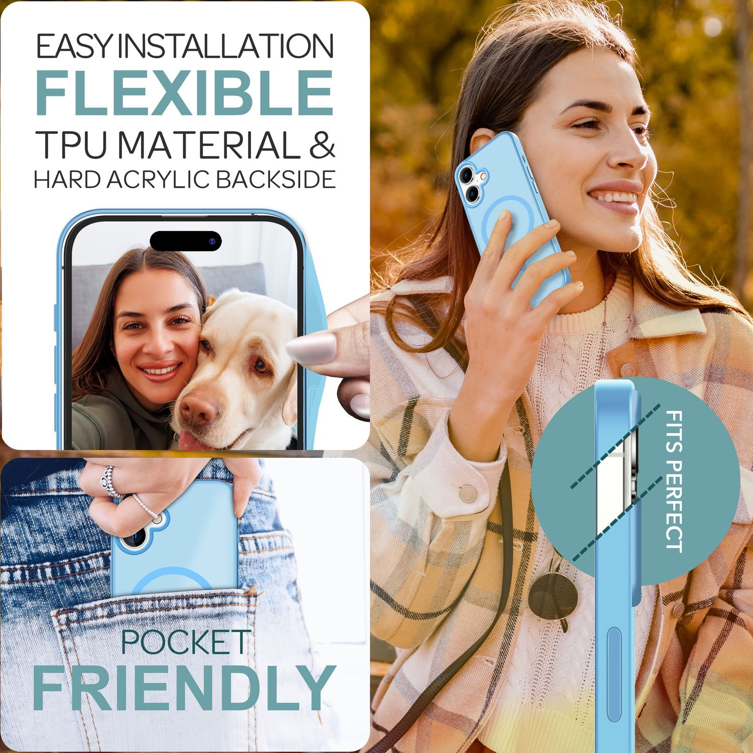 Frau benutzt Telefon mit Hülle, Hundefoto, blaue Hülle, taschenfreundliches Design, Outdoor.