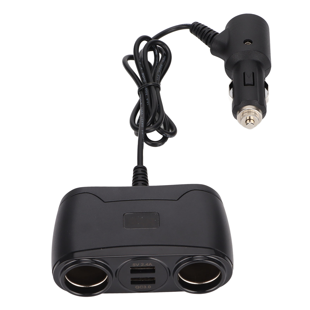Schwarzes Autoladegerät mit zwei Anschlüssen und einem Zigarettenanzünderstecker.