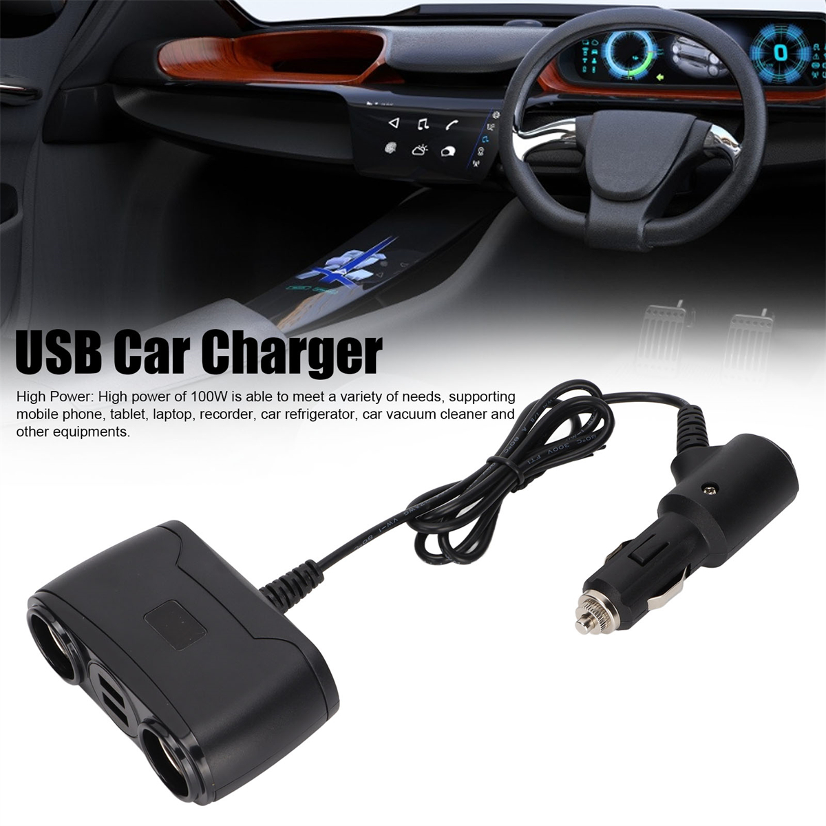 Schwarzes USB-Autoladegerät mit zwei Anschlüssen und einem Zigarettenanzünderstecker. Text: USB-Autolader.