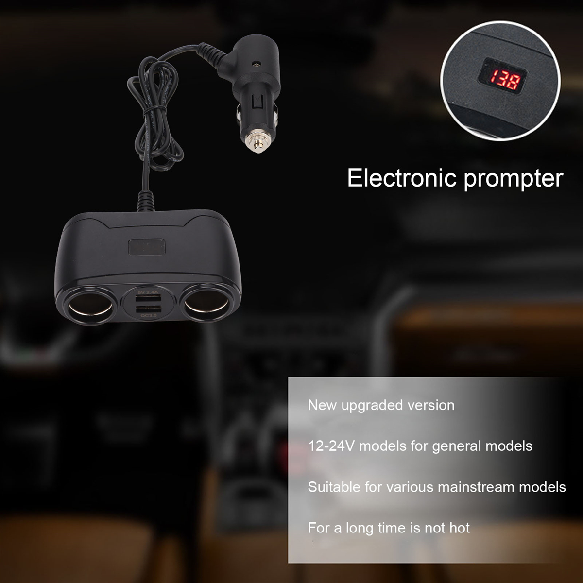 Schwarzer Auto-Adapter mit zwei USB-Anschlüssen und einer Digitalanzeige, die 13,8 anzeigt.