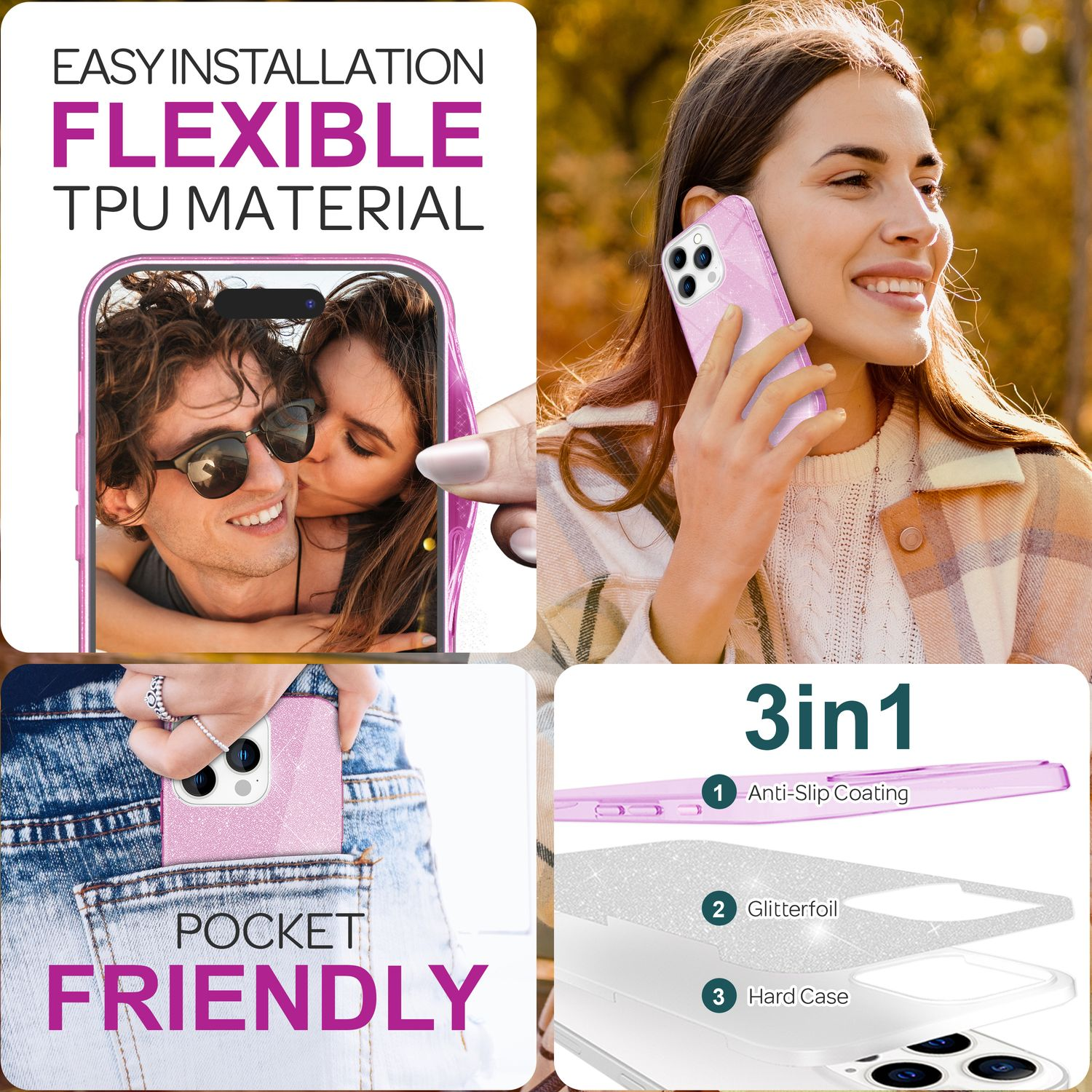 Bild: Eine Handyhülle mit pinkfarbenem Glitzerdesign und einem küssenden Paar. 3-in-1-Design.