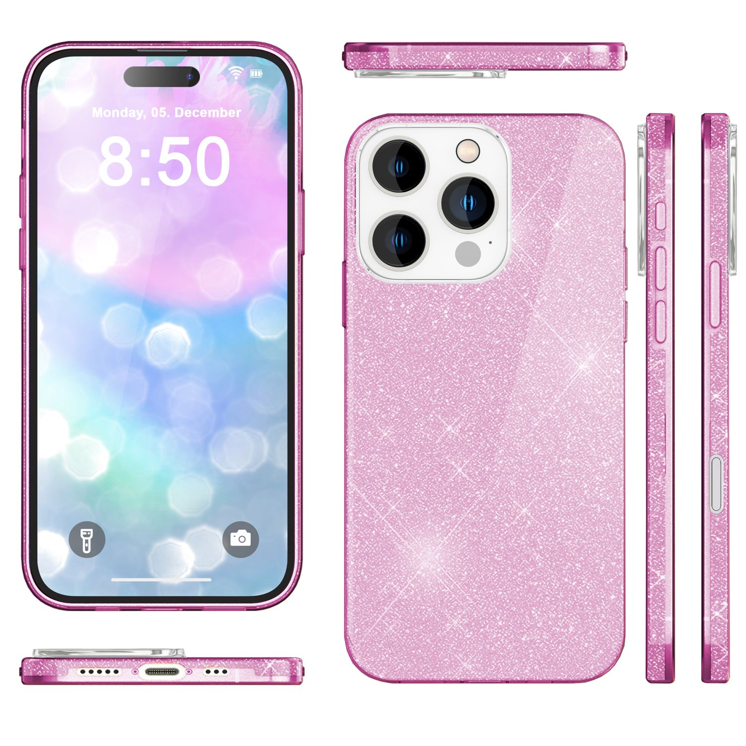 Rosa Handyhülle mit Glitzer und Telefon links. Der Bildschirm zeigt Datum und Uhrzeit.