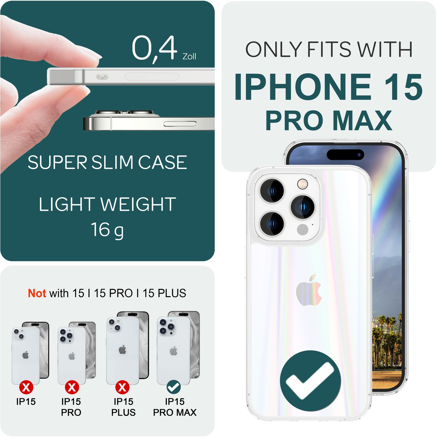Una custodia per iPhone con un iPhone e testo sulla compatibilità. La custodia è trasparente.