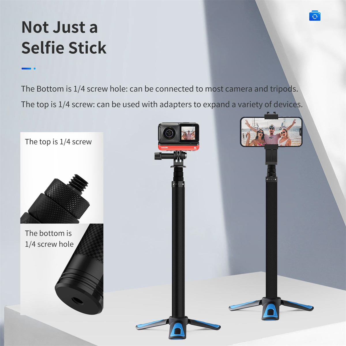 Zwei Selfie-Sticks mit Telefon und Kamera, Text: „Not Just a Selfie Stick“.