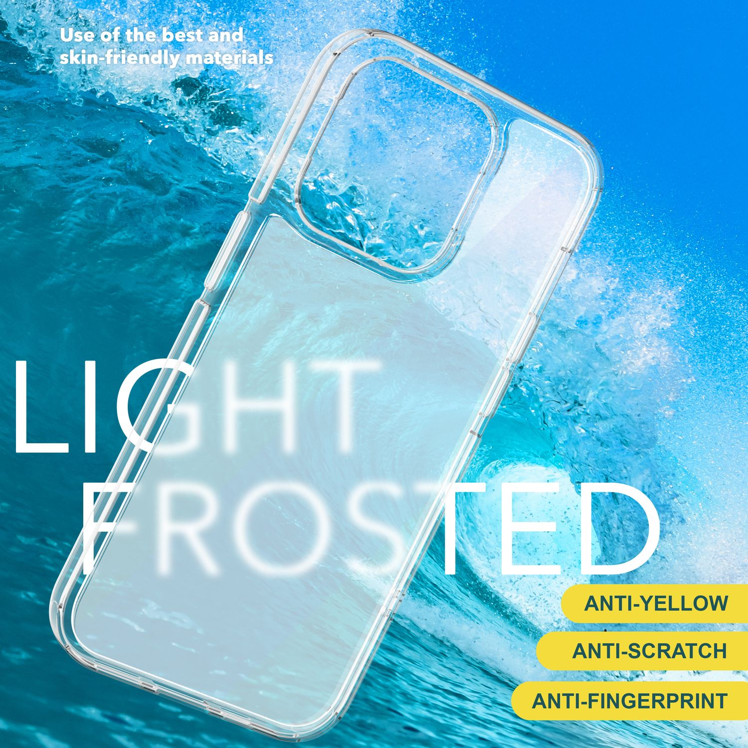Transparente Handyhülle mit Text 'LIGHT FROSTED'. Enthält Anti-Gelb, Kratzfest und Fingerabdruck Etiketten.