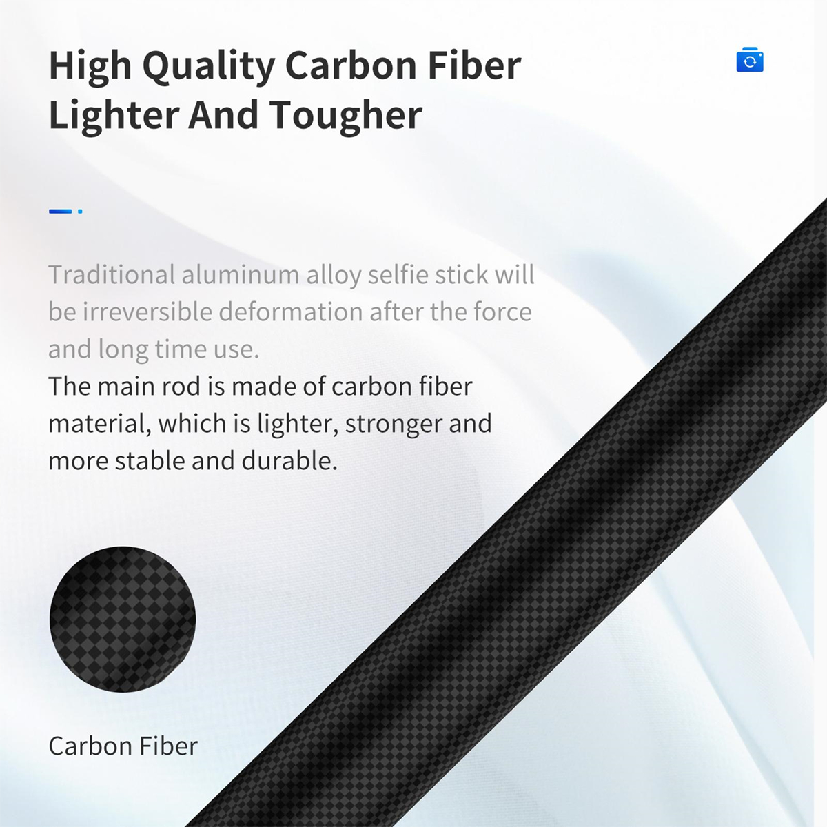 Carbonfaser-Selfie-Stick. Schwarzes Material mit Grafik und Text.