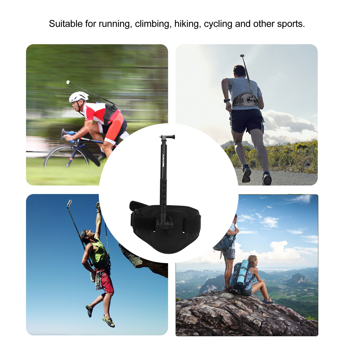 Bilder, die zeigen, wie ein Selfie-Stick bei verschiedenen Sportarten verwendet wird, darunter Radfahren, Laufen und Golf.