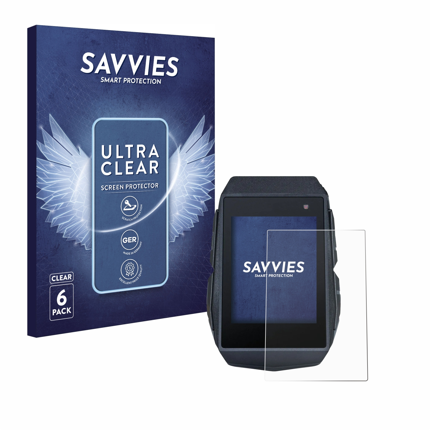 Verpackung für einen Displayschutz. Ein klarer Displayschutz und eine Smartwatch werden gezeigt.