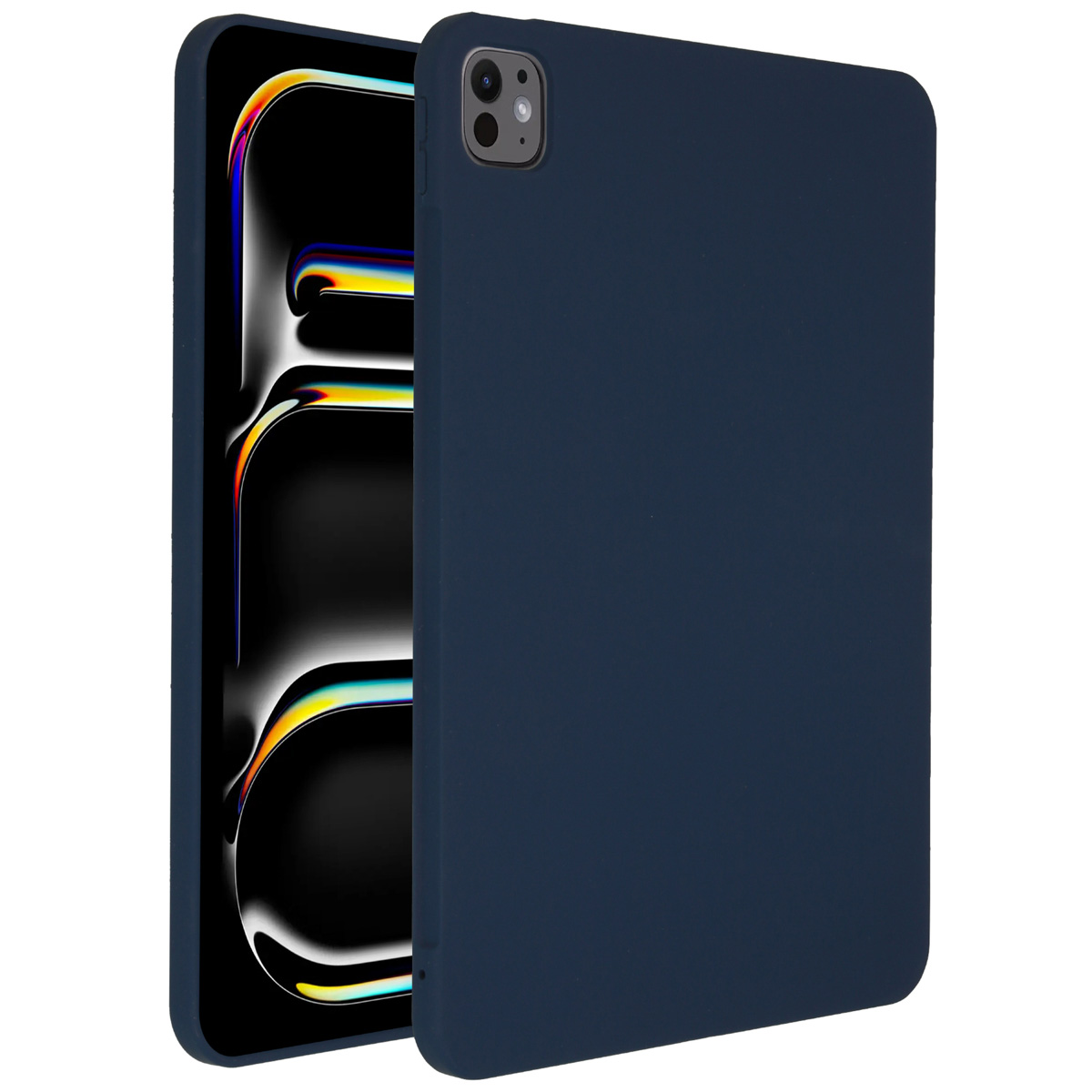 Blue tablet case open with the tablet inside. White background.
