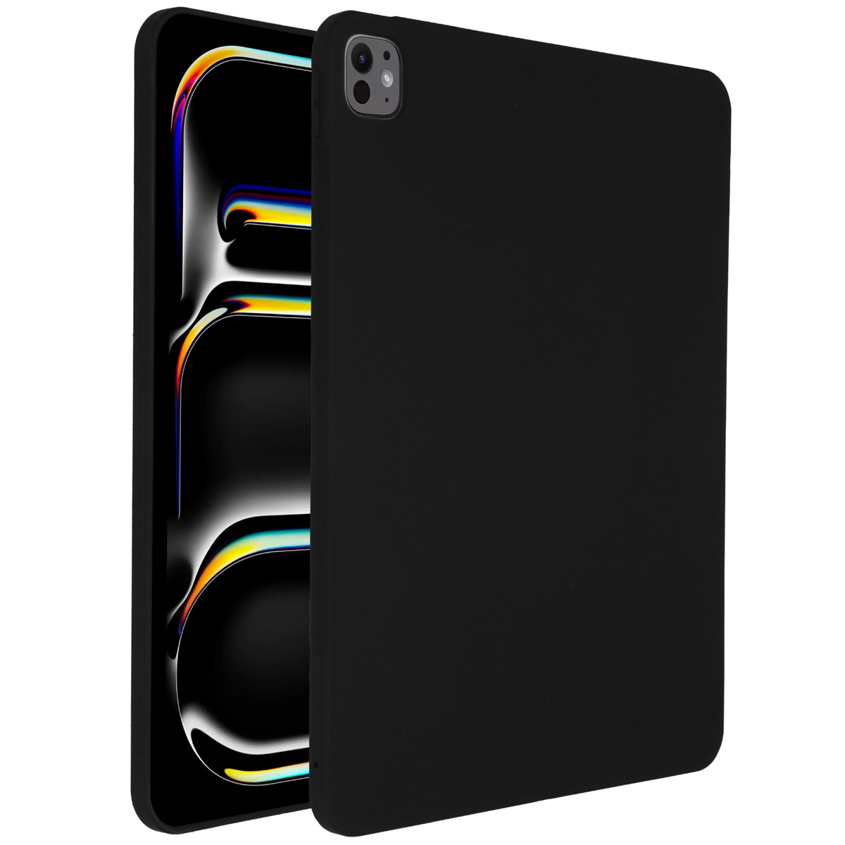 Black tablet case. The tablet screen shows a colorful abstract design. Case is open.