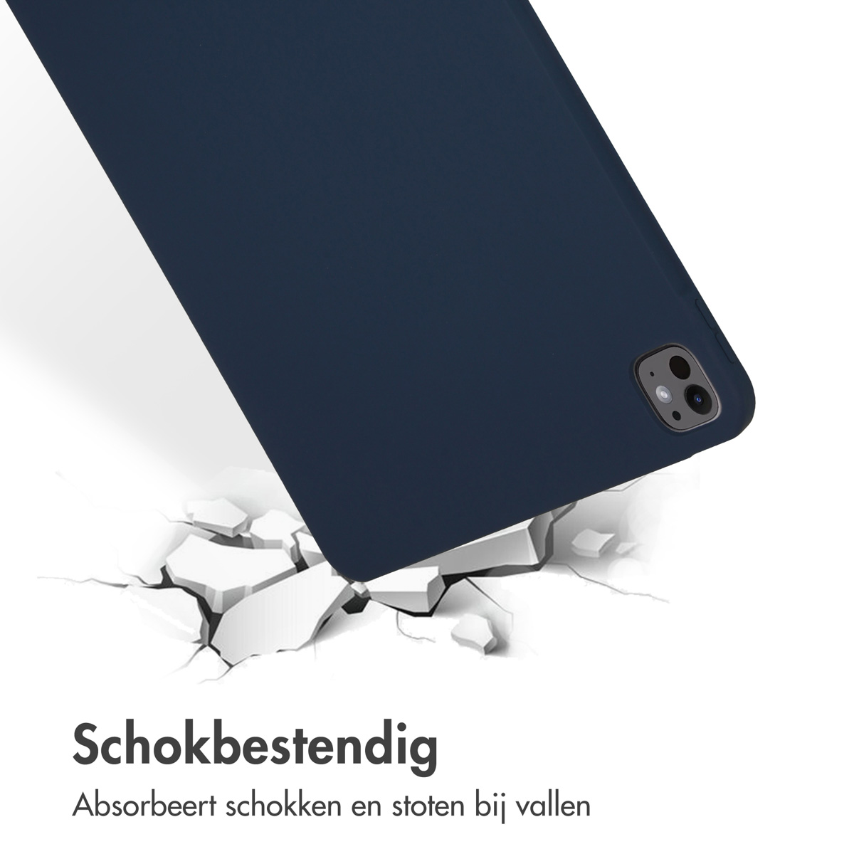 Dark blue tablet on white surface with cracks underneath. Text says 'Shockproof'.