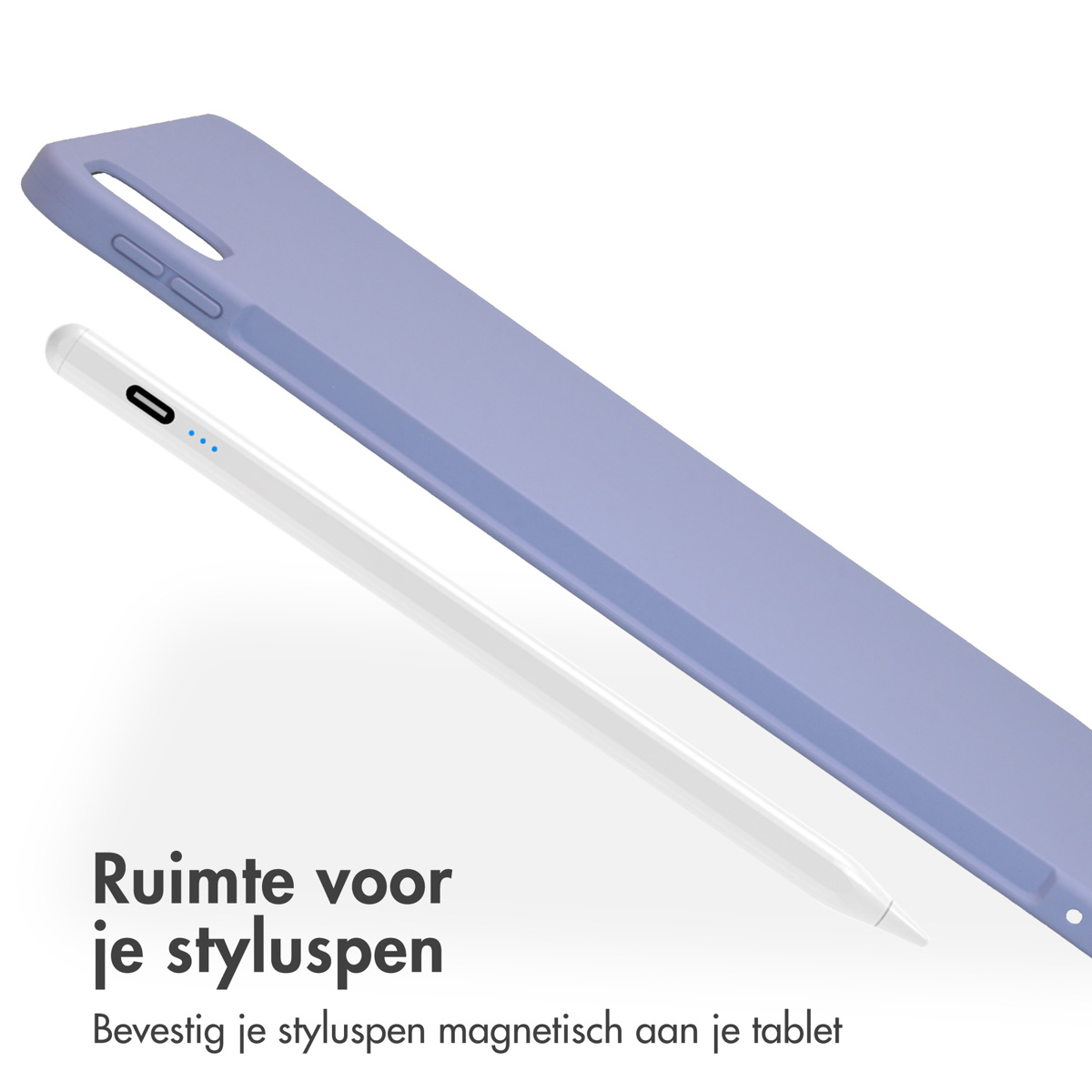 Purple tablet case with stylus. Stylus attaches magnetically to the tablet.