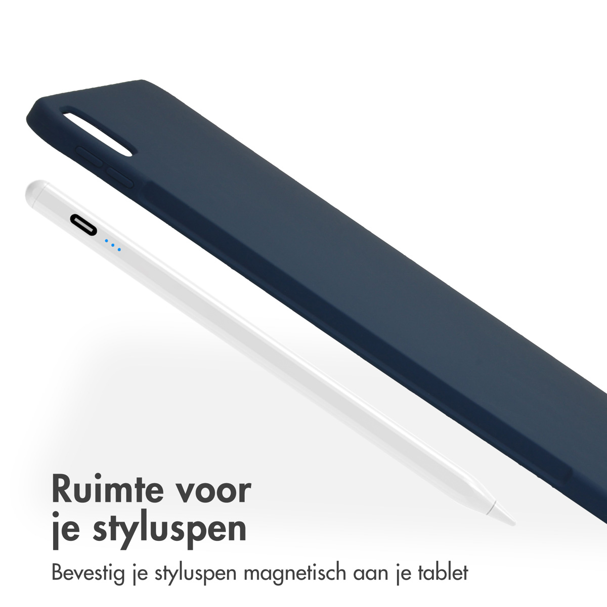 A navy blue phone case with a white stylus pen on a white background. Text is included.