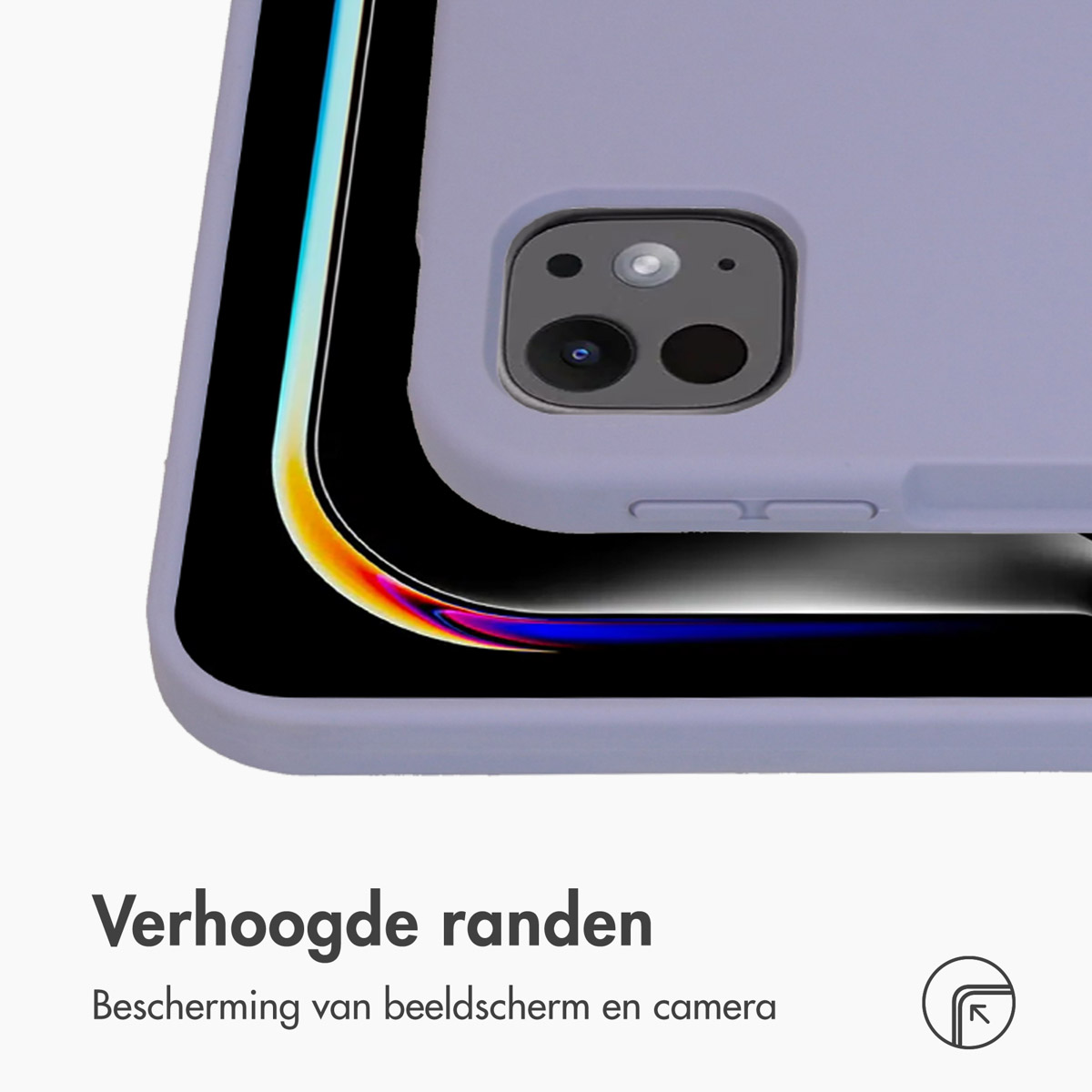 A purple phone case, close-up of the corner with raised edges. Text says 'Raised edges'.