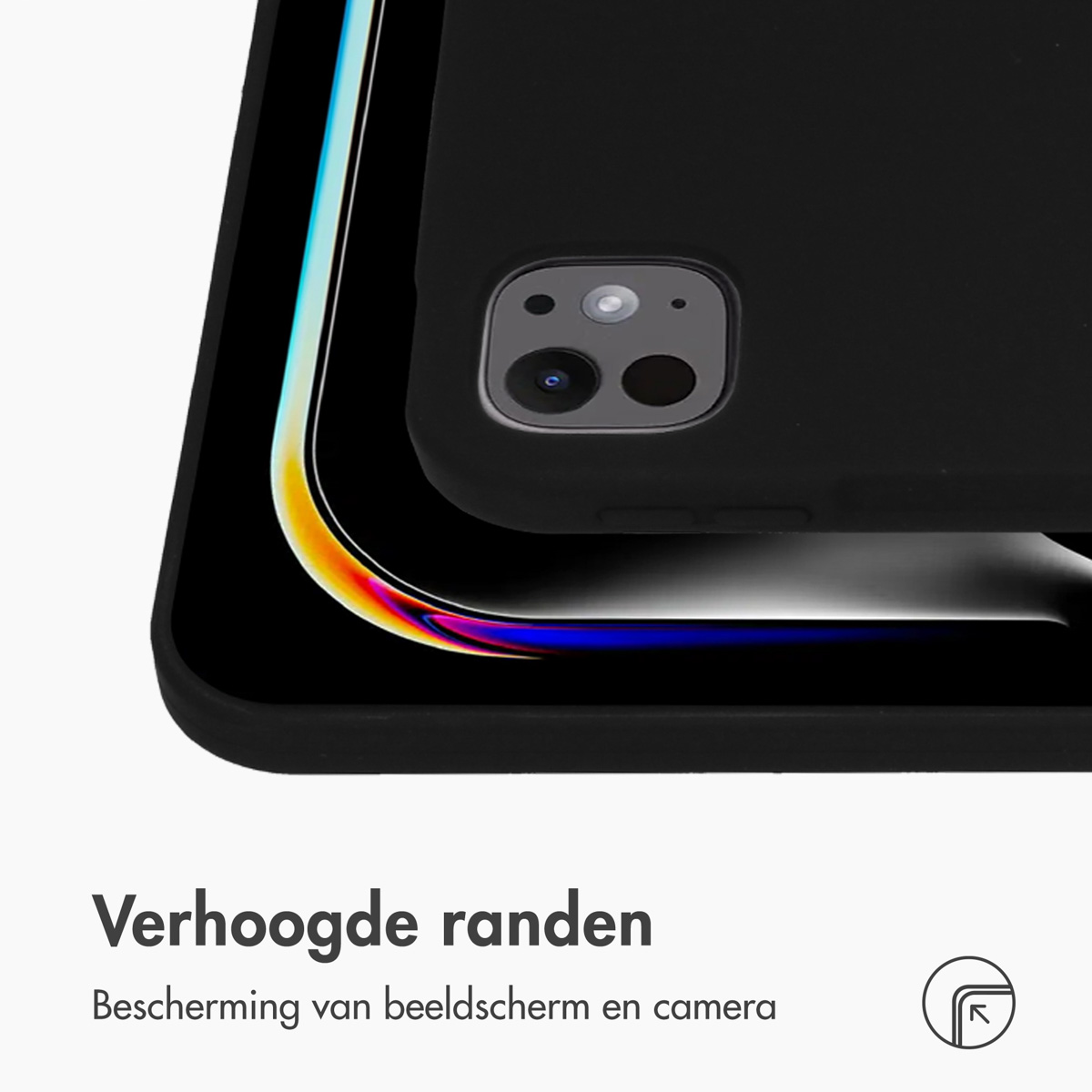 Close-up view of a black phone case with raised edges, protecting the screen and camera.