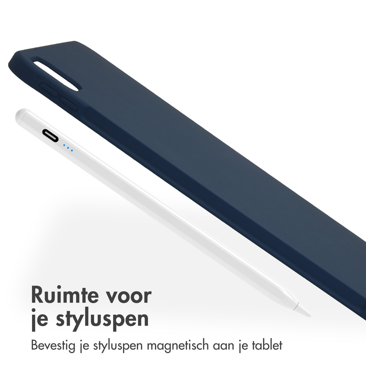 A white stylus pen with a blue tablet case.
