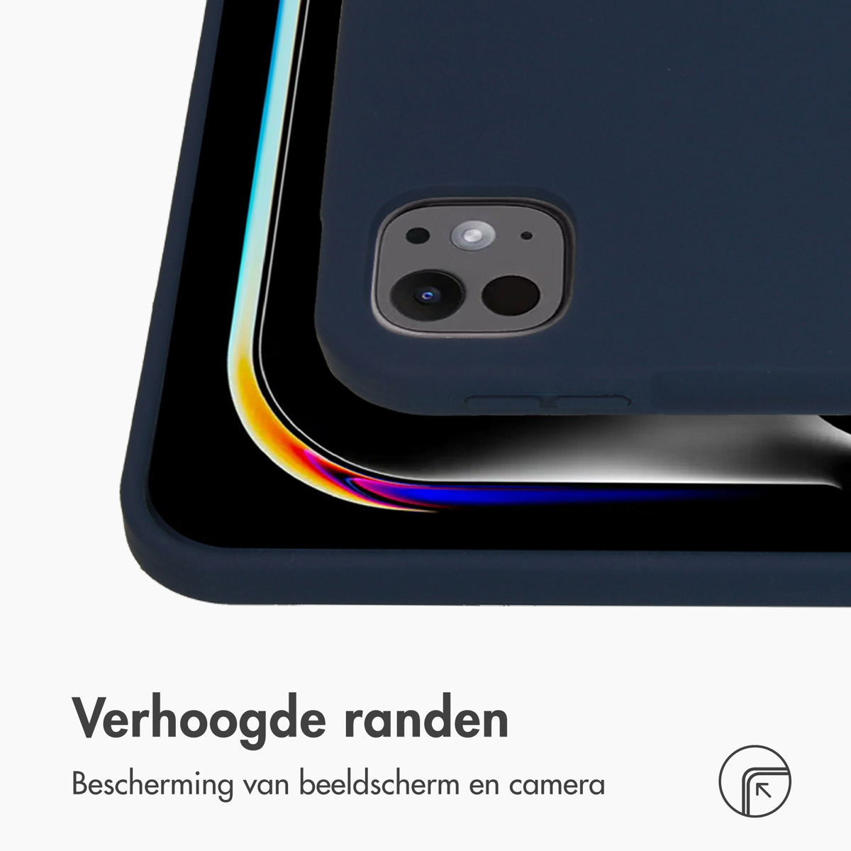 Close-up of a navy blue phone case with a raised edge and camera protection.