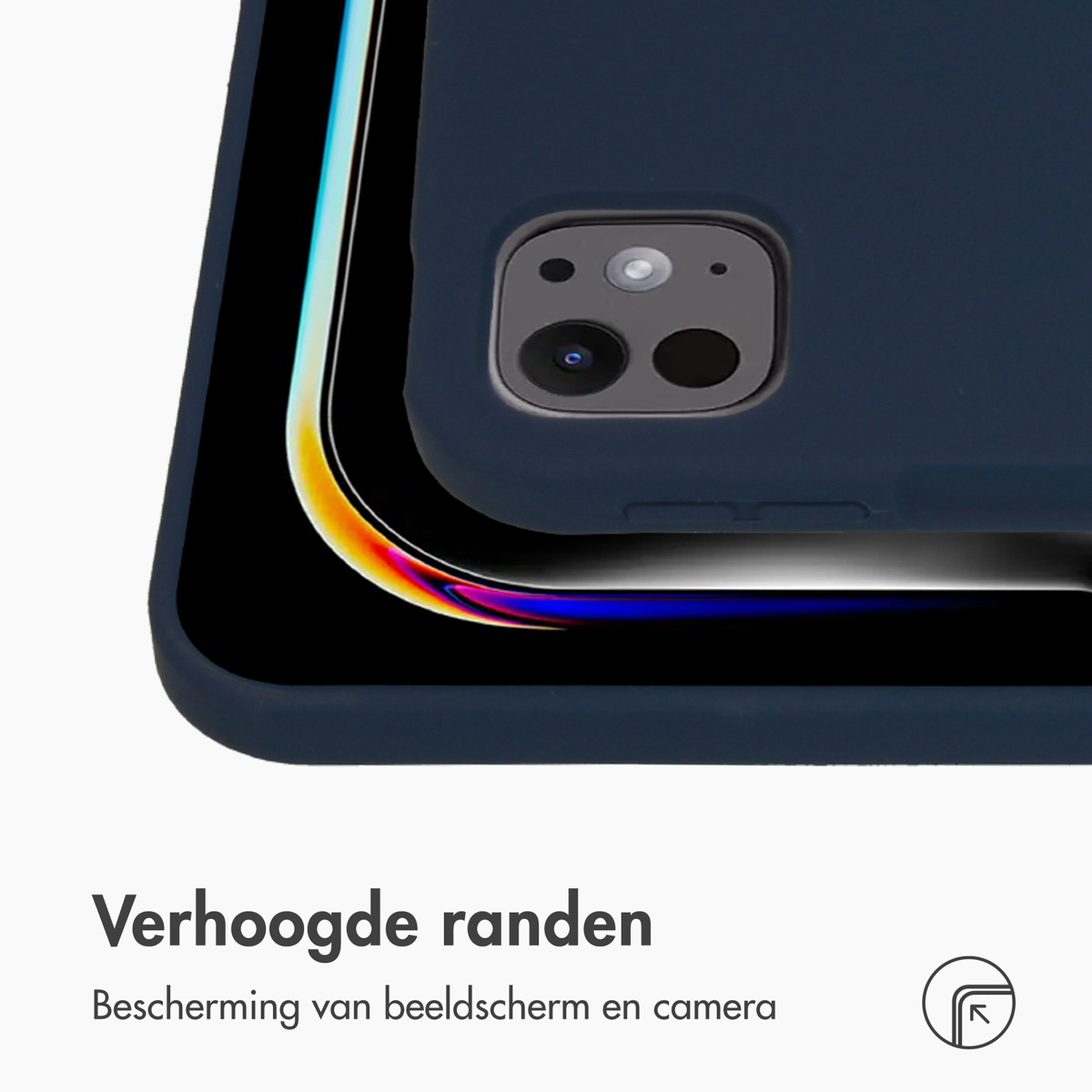 Dark blue phone case. Text in Dutch: “Raised edges. Protection for screen and camera”