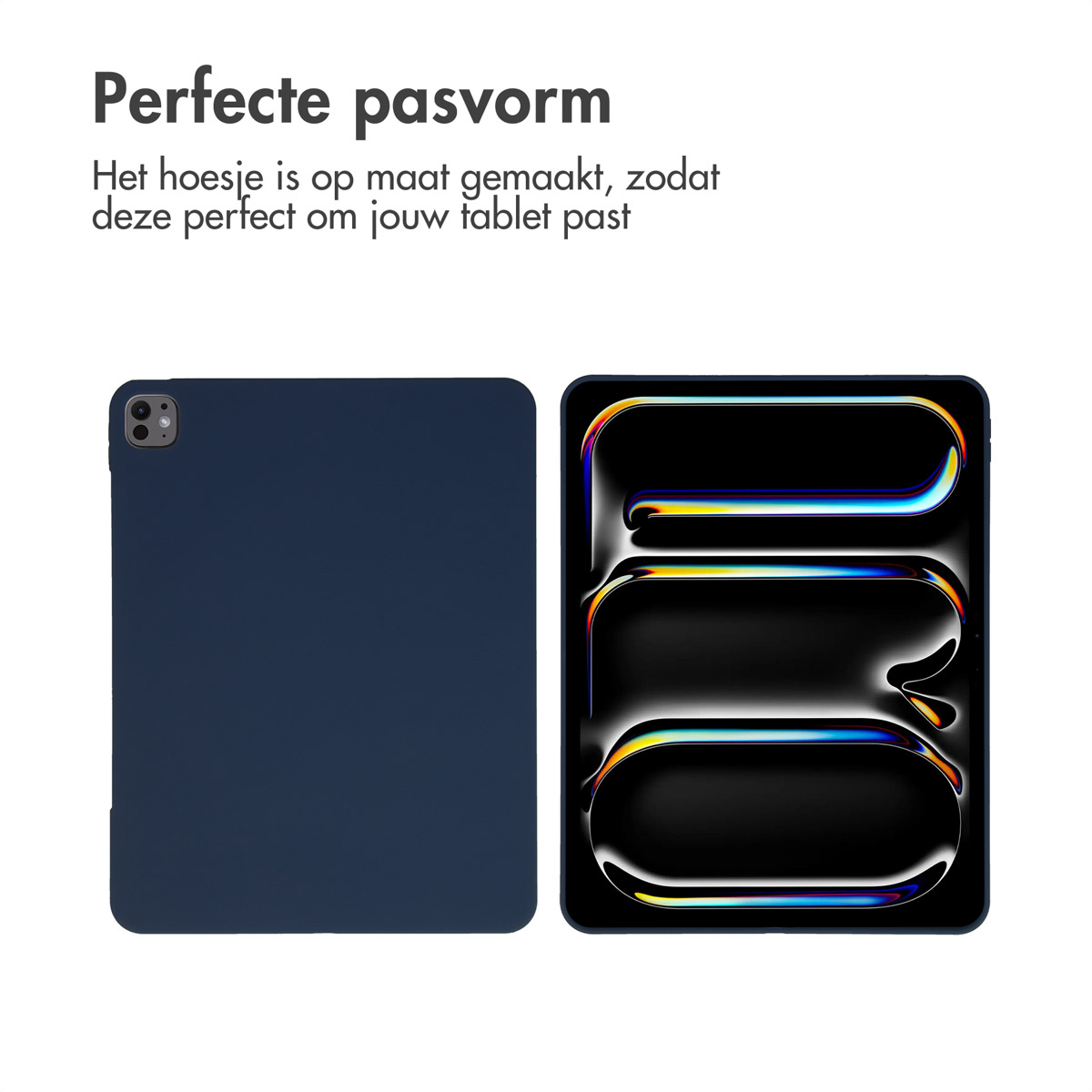 Blue tablet case and a tablet with a dark screen. Text overlay. White background.