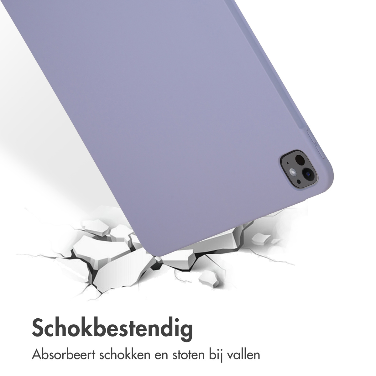 Een paarse tablethoes met een tablet die op een oppervlak valt, getoond met scheuren en tekst.