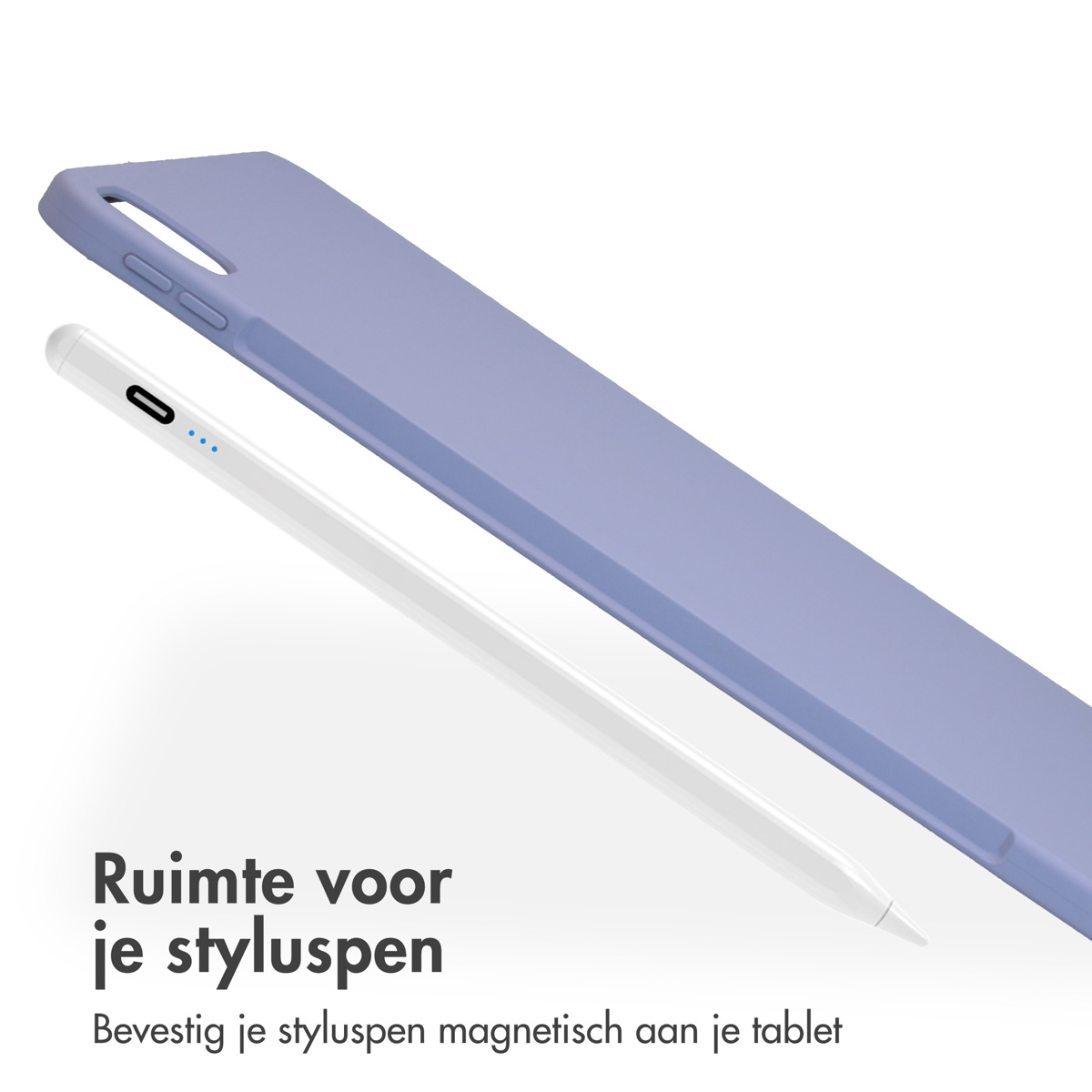 Purple tablet case with stylus. Stylus attaches magnetically to the tablet.