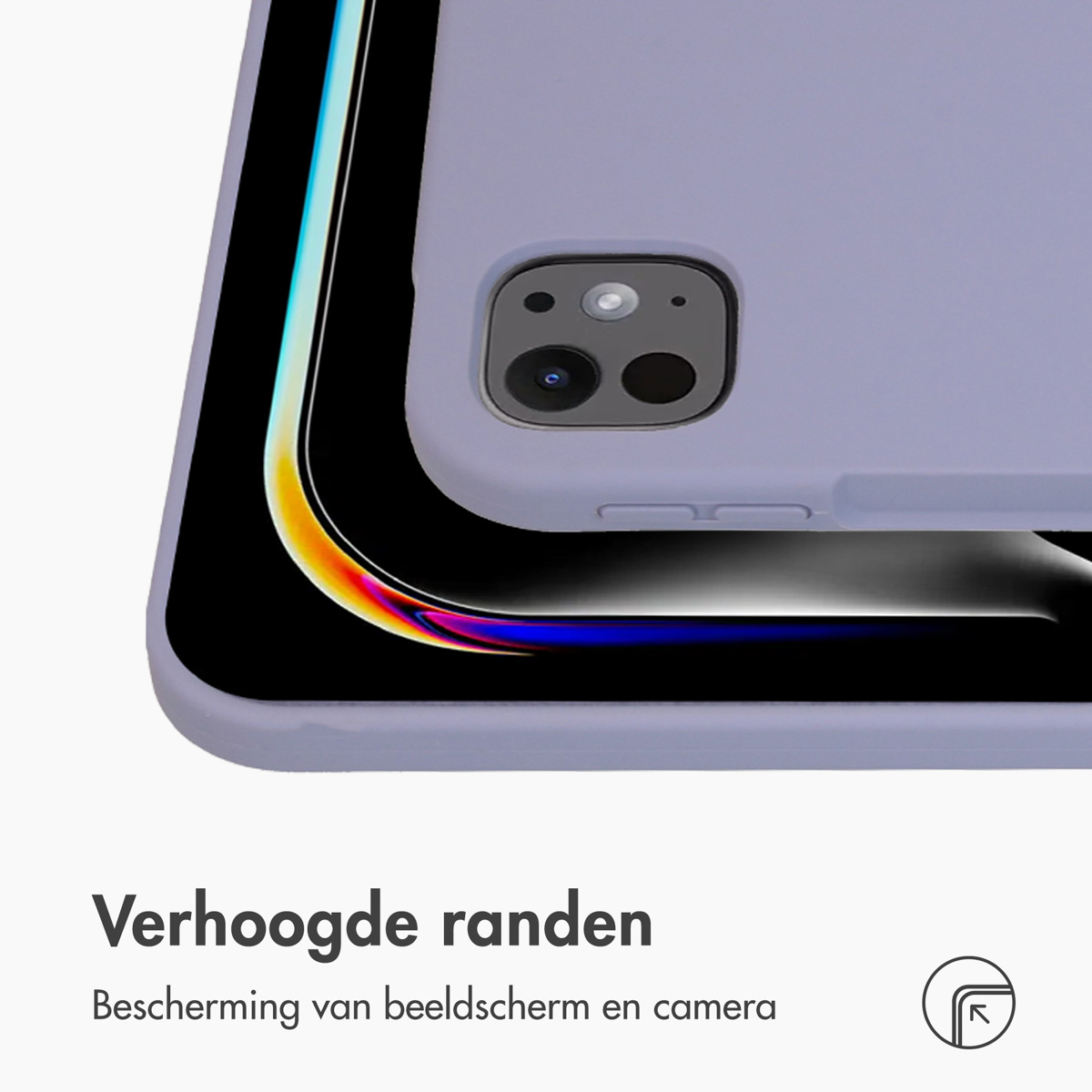 Purple phone case with a phone inside. Text: 'Raised edges protect screen and camera'.
