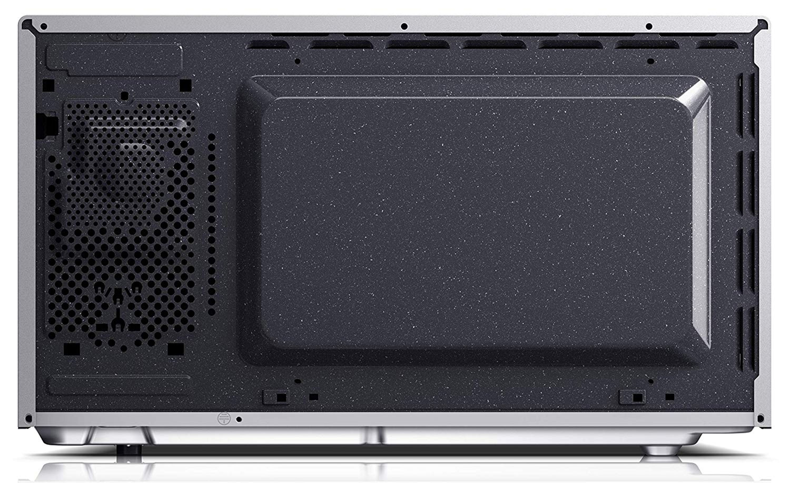 Parte trasera de un horno microondas: metal gris y panel trasero texturizado gris oscuro.